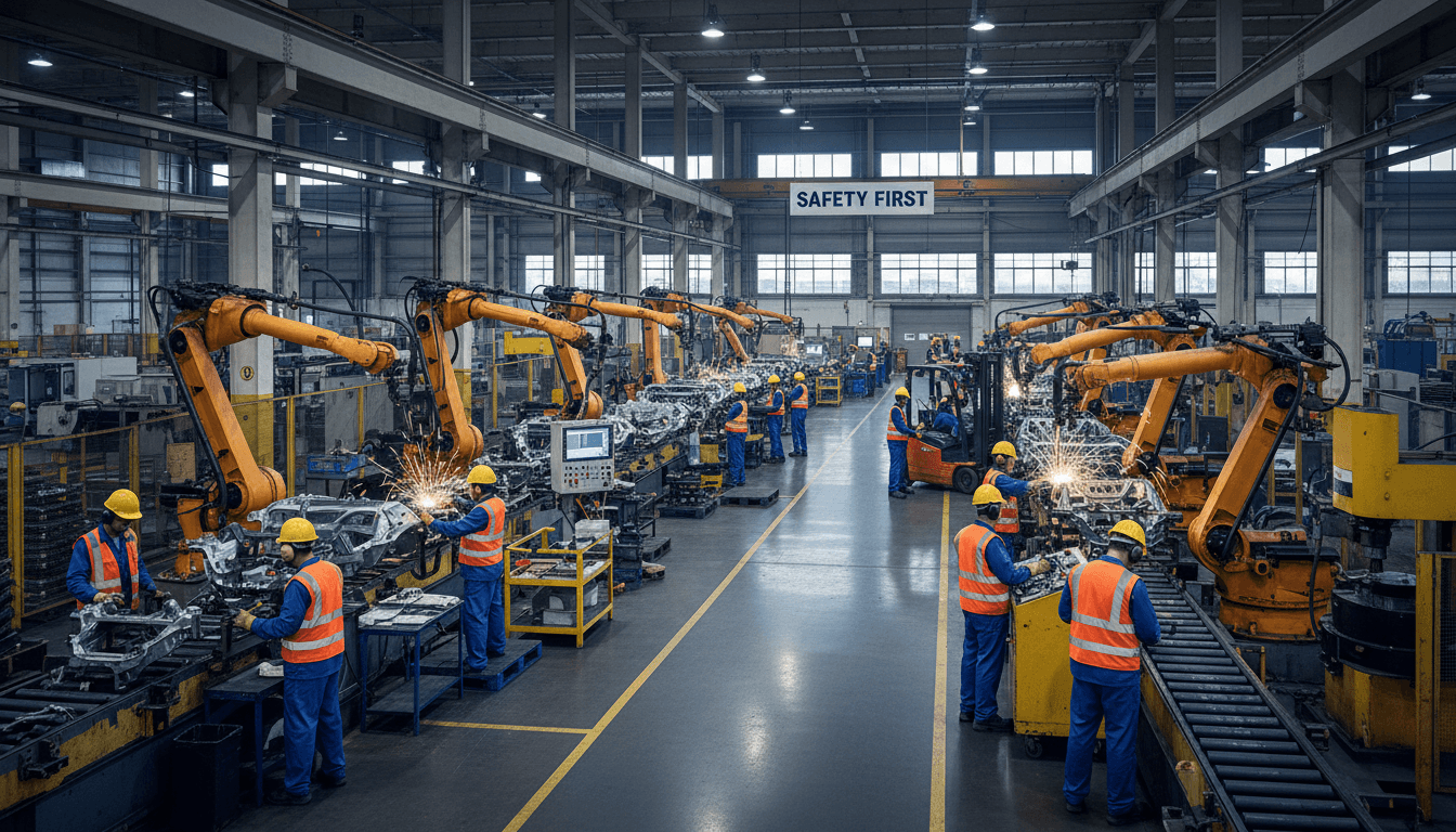 Operadores trabajando en línea de producción dentro de planta manufacturera