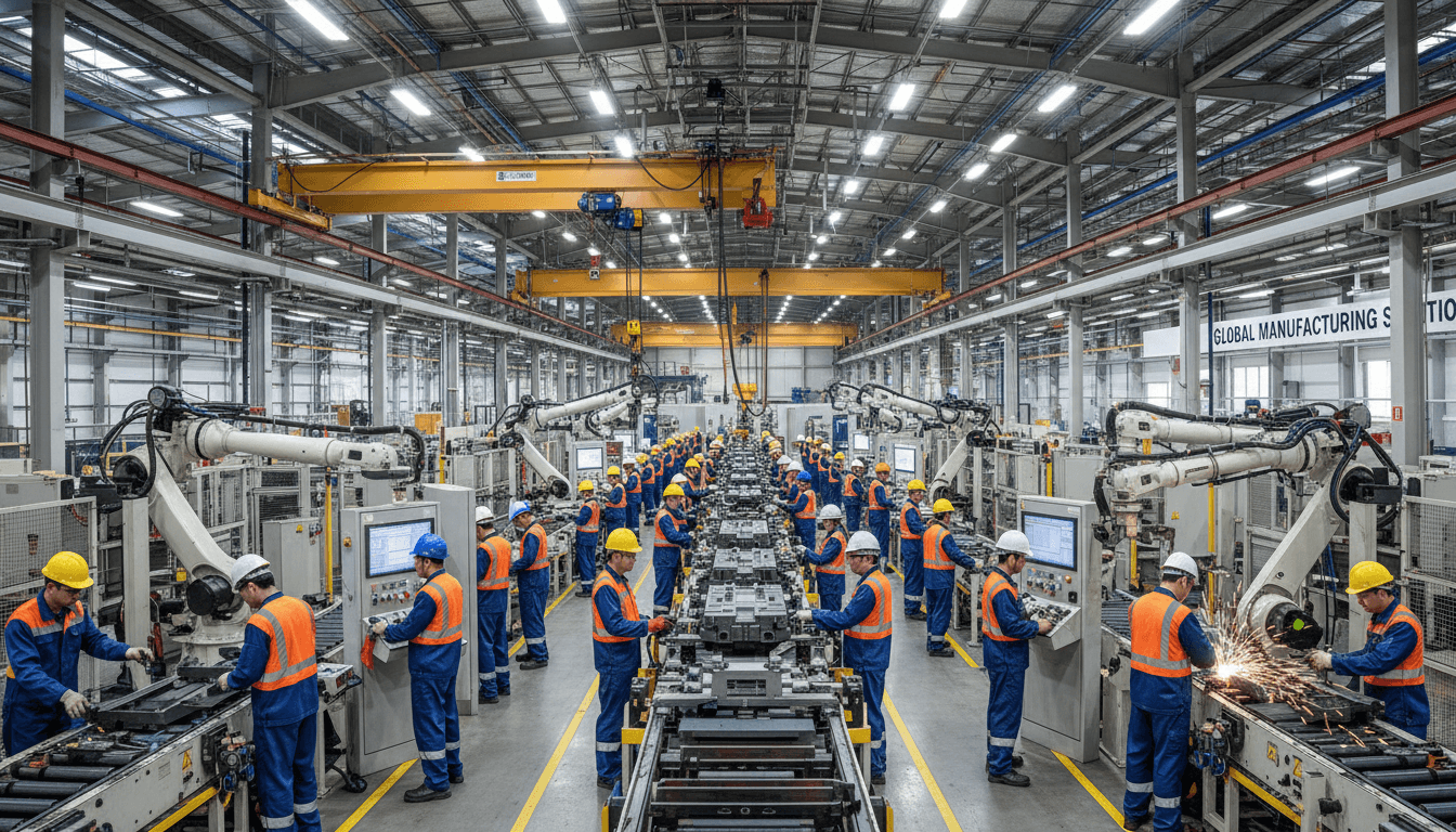 Operadores manufactureros trabajando en línea de producción con equipo de seguridad