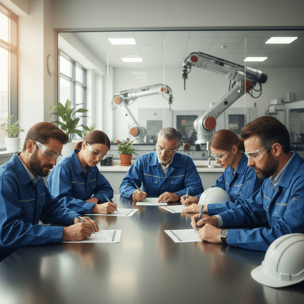 Factory operators complete anonymous questionnaires during shift change.