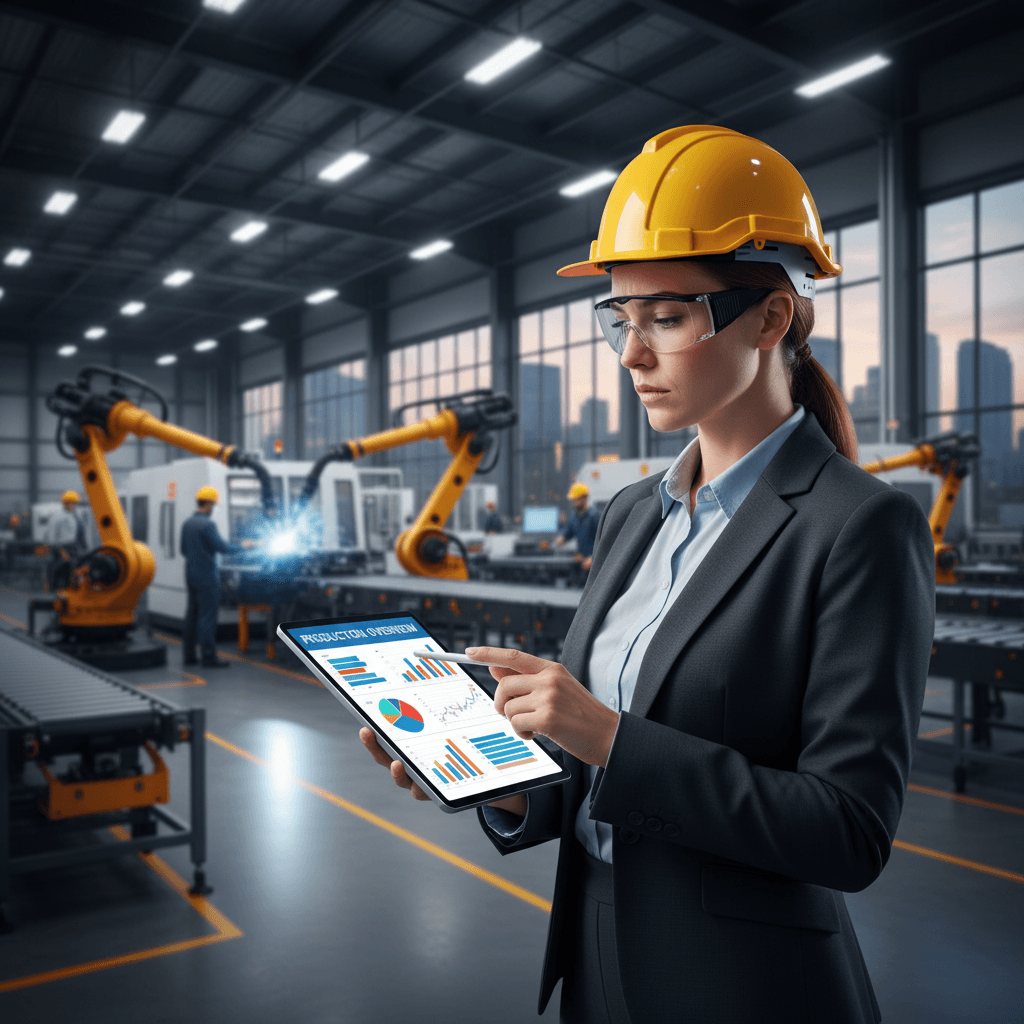 Consultora revisando datos en tablet dentro de una planta manufacturera