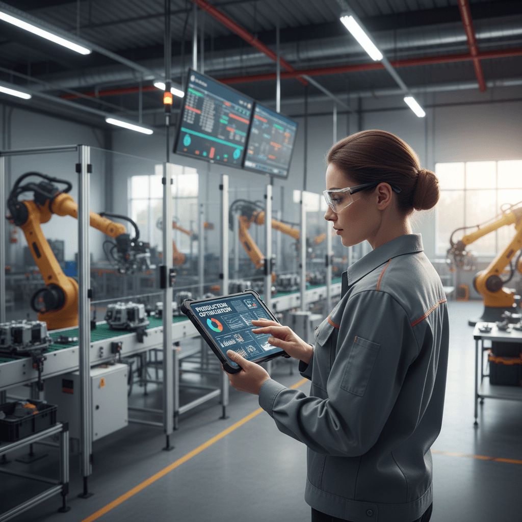 Consultor analizando datos en tableta dentro de planta industrial