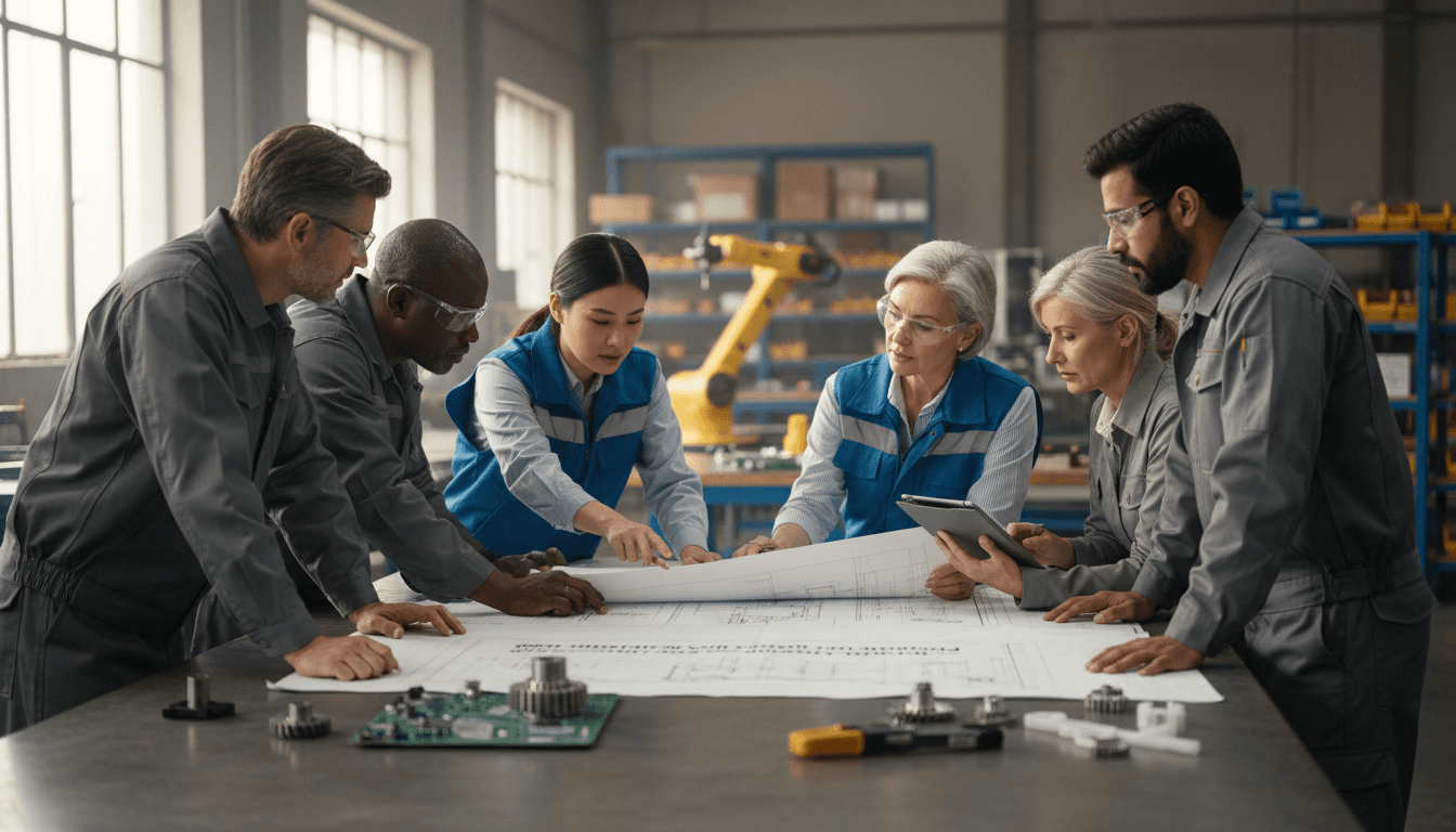 Grupo de líderes manufactureros en capacitación práctica dentro de la planta, discutiendo frente a un rotafolio con notas visibles