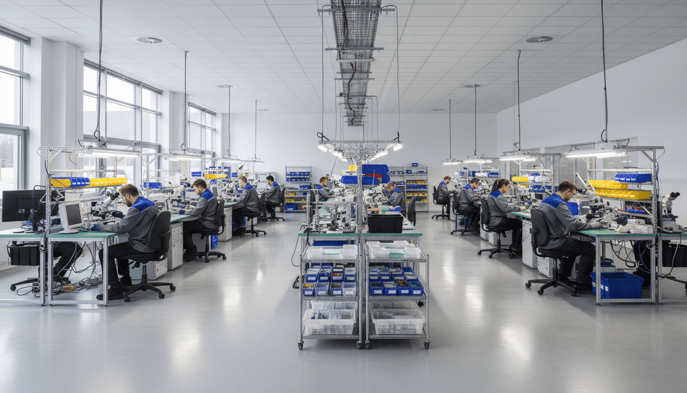 Operarios manufactureros completando una encuesta anónima en tablets dentro de una planta industrial