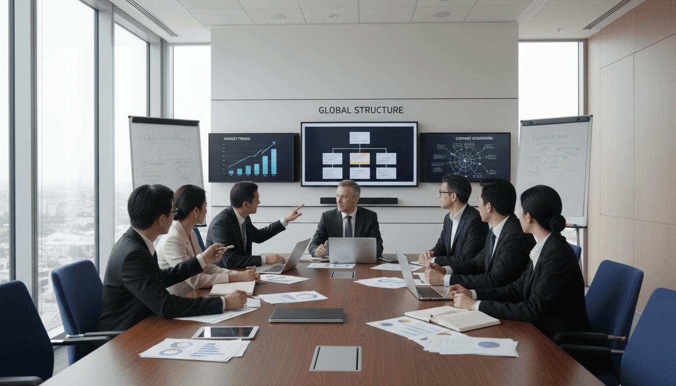 Reunión de equipo directivo en sala de juntas industrial analizando un diagrama de fuerzas en pizarrón